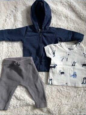 Monica+Andy Organic 3pc Capsule Navy Hoodie, Dog Print Tee & Gray Knit Pants 0-3